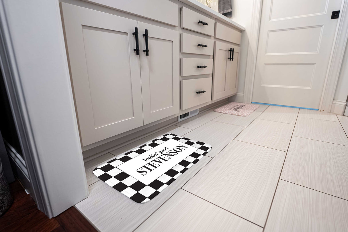 Custom Last Name Memory Foam Bath Mat - Black and White