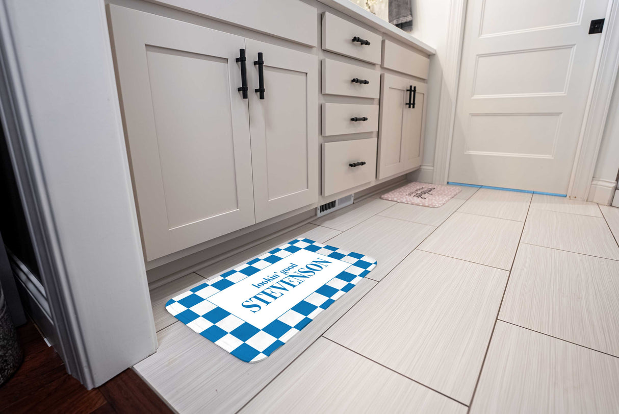 Custom Last Name Memory Foam Bath Mat - Blue