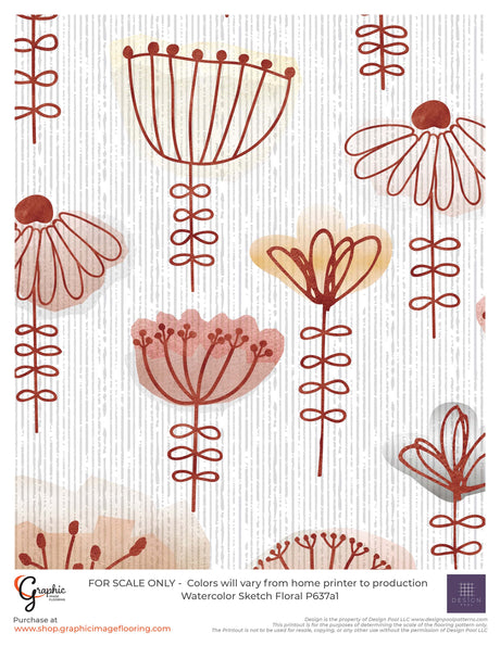 Watercolor Sketch Floral (P637) Custom Printed Vinyl Flooring Design